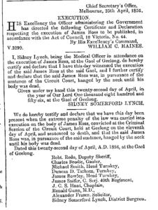 Government Gazette announcement of the execution of James Ross and who attended