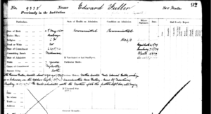 Children’s Ward Register for Edward Fuller who was committed until he was 18 years old after his father was gaoled for manslaughter and his mother gaoled for arson